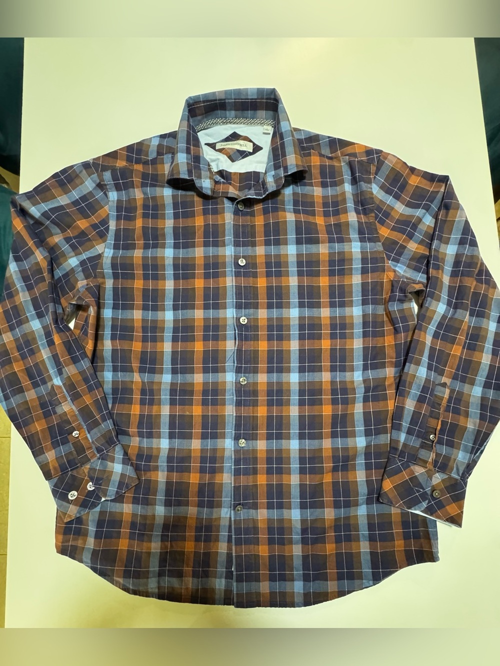 James Campbell cotton Navy and Brown Plaid Button-Down Shirt, L